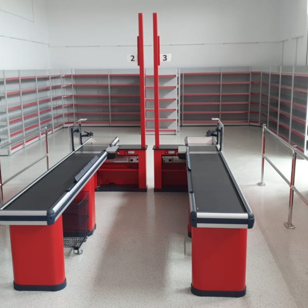 Masă casă de marcat cu bandă transportoare și bazin posterior larg pentru supermarket 3